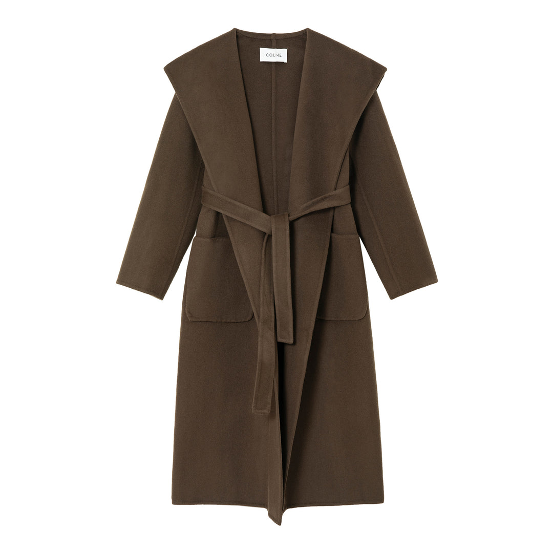 The premium wool robe coat in chocolate brown color.