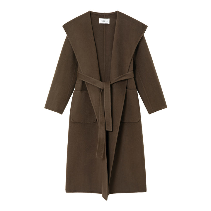 The premium wool robe coat in chocolate brown color.