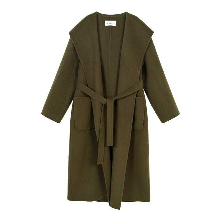 The olive green coat photographed against a white background, highlighting its earthy color and texture.