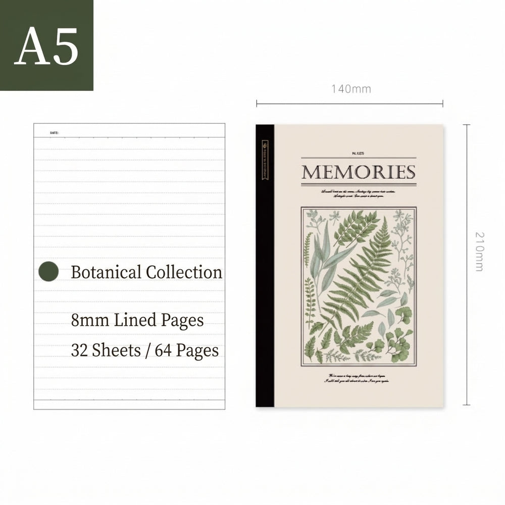 A5 lined notebook featuring a vintage fern and botanical print cover with 140mm x 210mm size specifications and 8mm ruled line detail.