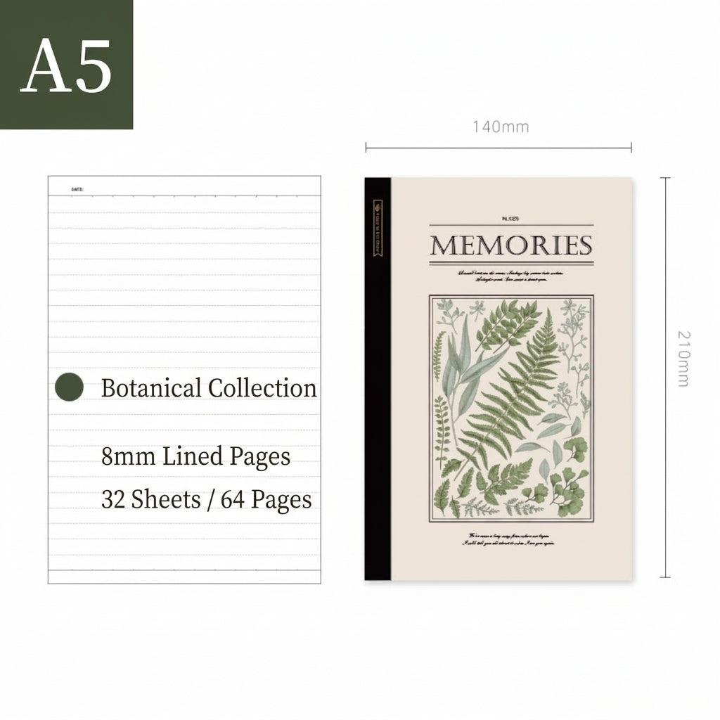 A5 lined notebook featuring a vintage fern and botanical print cover with 140mm x 210mm size specifications and 8mm ruled line detail.
