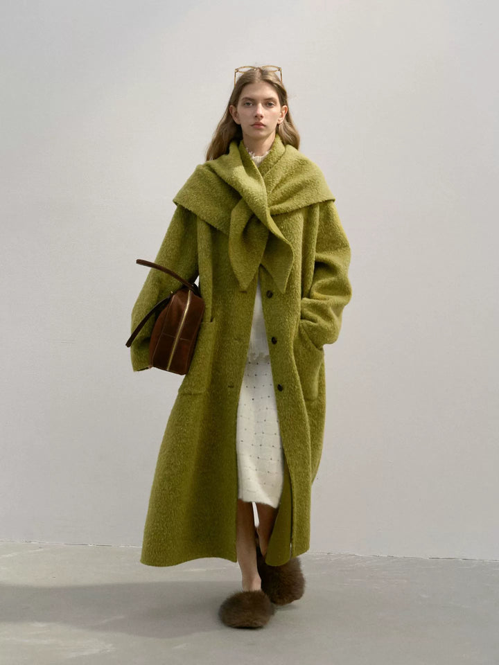Brushed Wool Coat with Removable Scarf - Two Colors