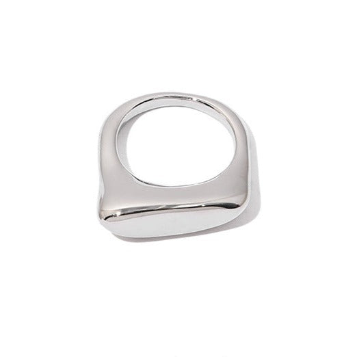 A detailed close-up shot captures the polished silver ring's reflective sheen and precise geometric form. Its minimalist design and sleek lines exemplify contemporary elegance.