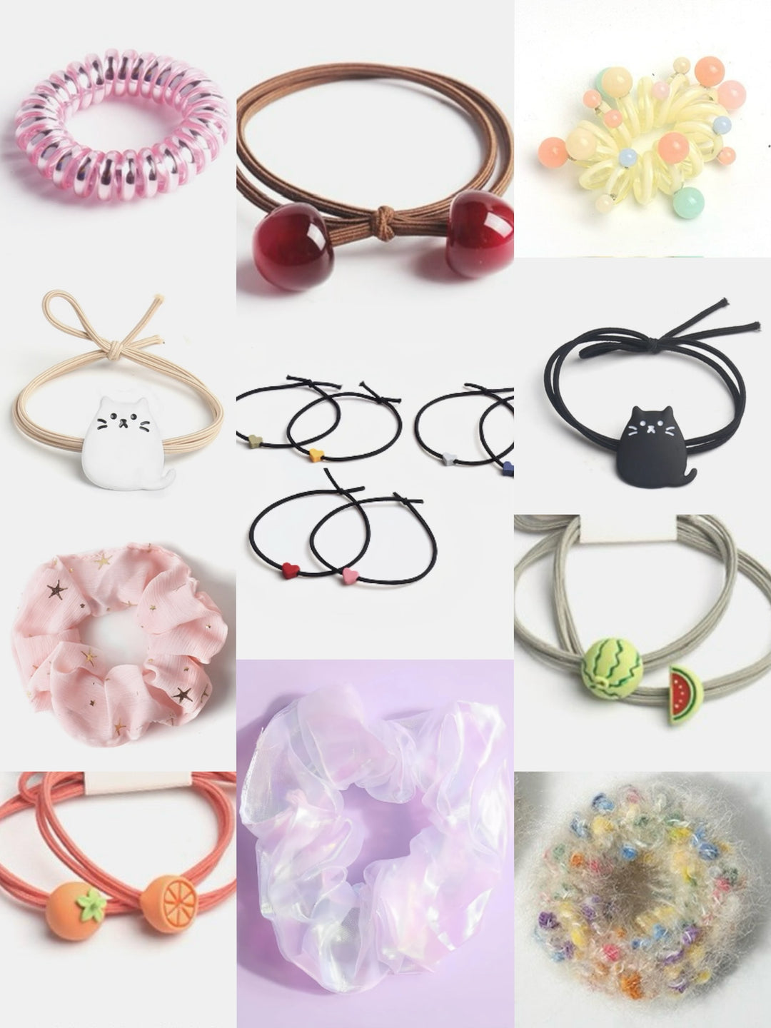 Collage of colorful scrunchies and hair ties included in the advent calendar