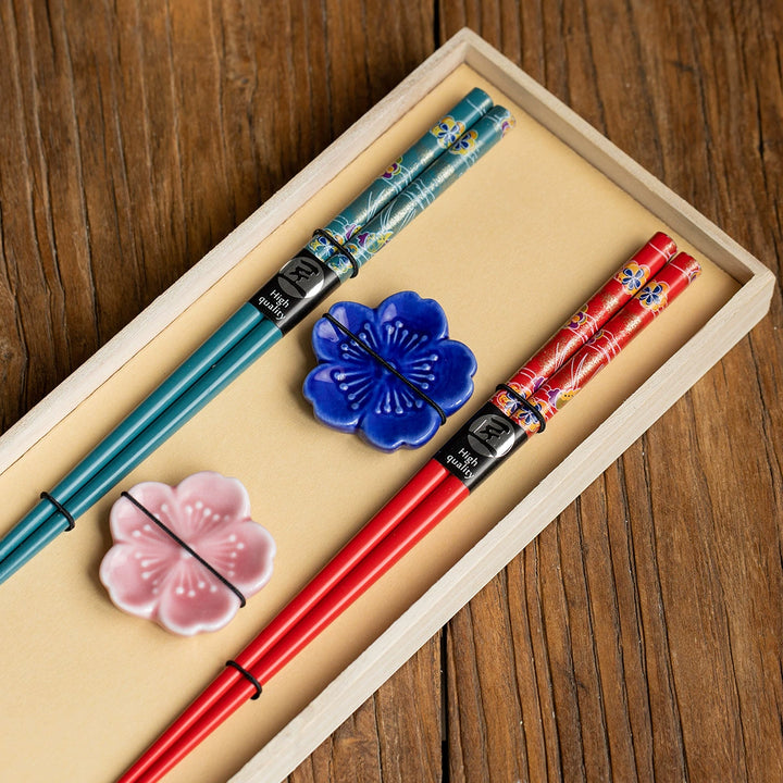 Japanese Cherry Blossom Chopstick Set - 2 Pairs with Chopstick Pillows