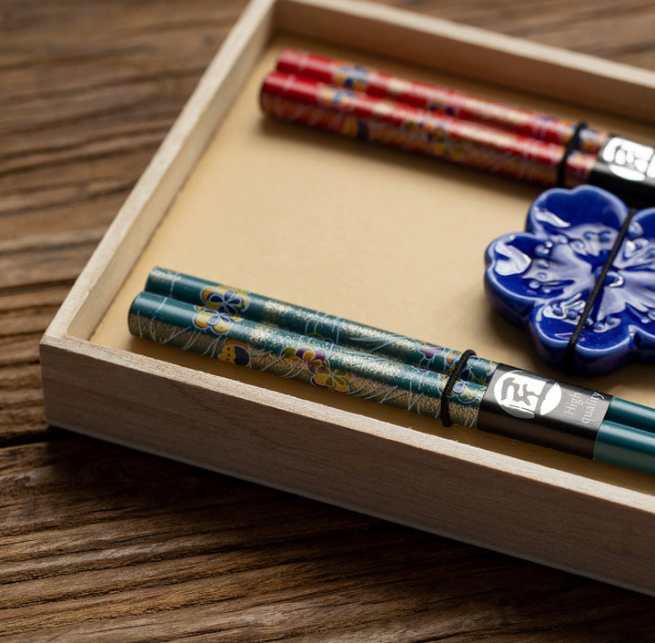 Japanese Cherry Blossom Chopstick Set - 2 Pairs with Chopstick Pillows