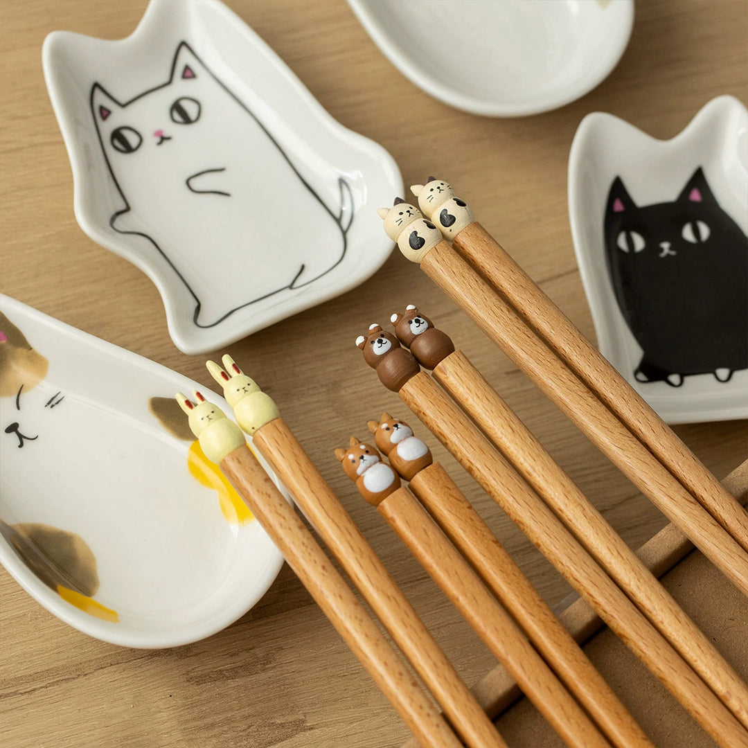 Krúttlegt japanskt matpinnasett og kattaskálar – 4 pör