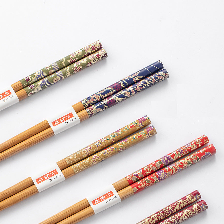 Close-up of the floral patterns on the handles of the chopsticks, showcasing intricate details and vibrant colors.