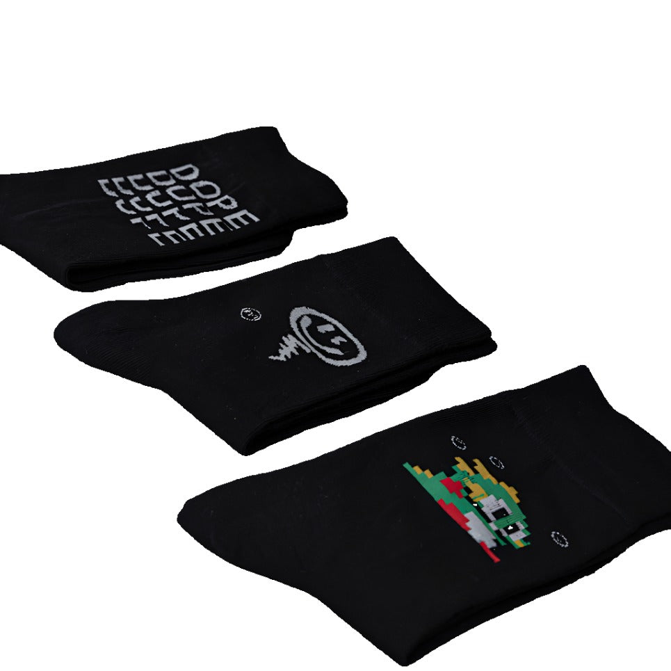 Overview of all three sock designs together, illustrating the variety of playful options available. Gift these "ridiculous" socks to your boys.