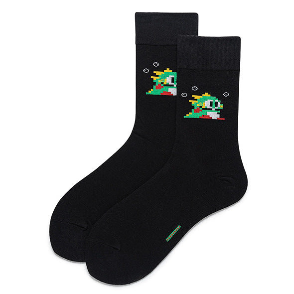 This pair of fun socks feature a Super Mario inspired 8-bit video game dinosaur.