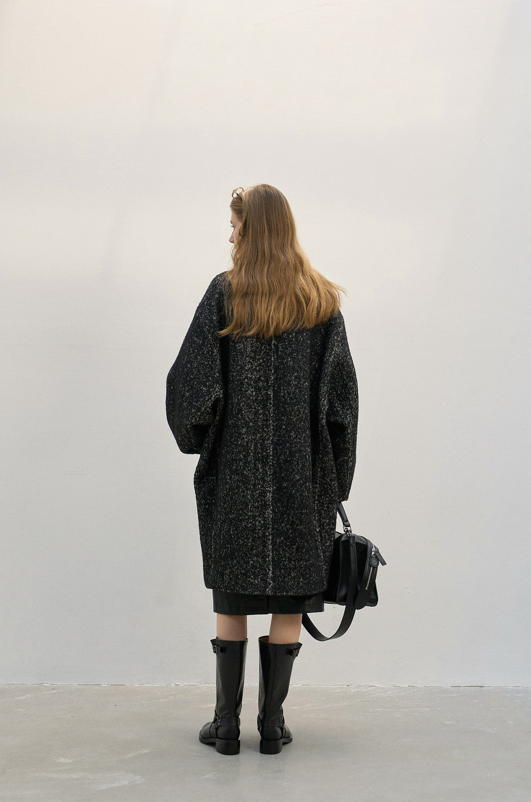 Oversized Wool Coat with Contrast Leather Collar
