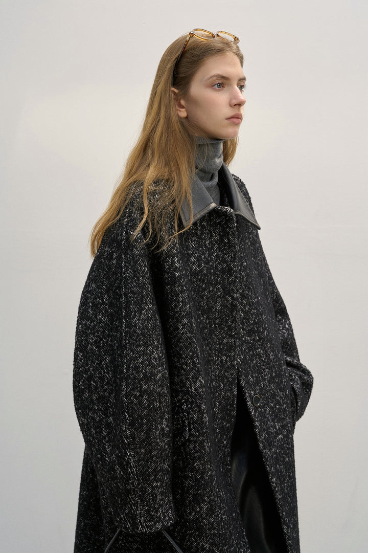 Oversized Wool Coat with Contrast Leather Collar