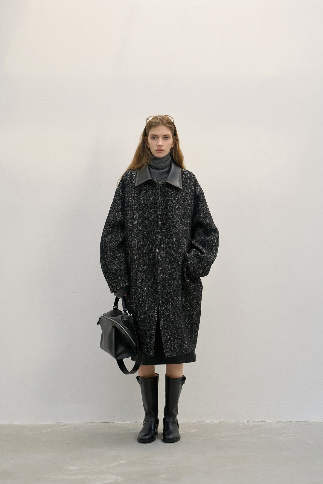 Oversized Wool Coat with Contrast Leather Collar