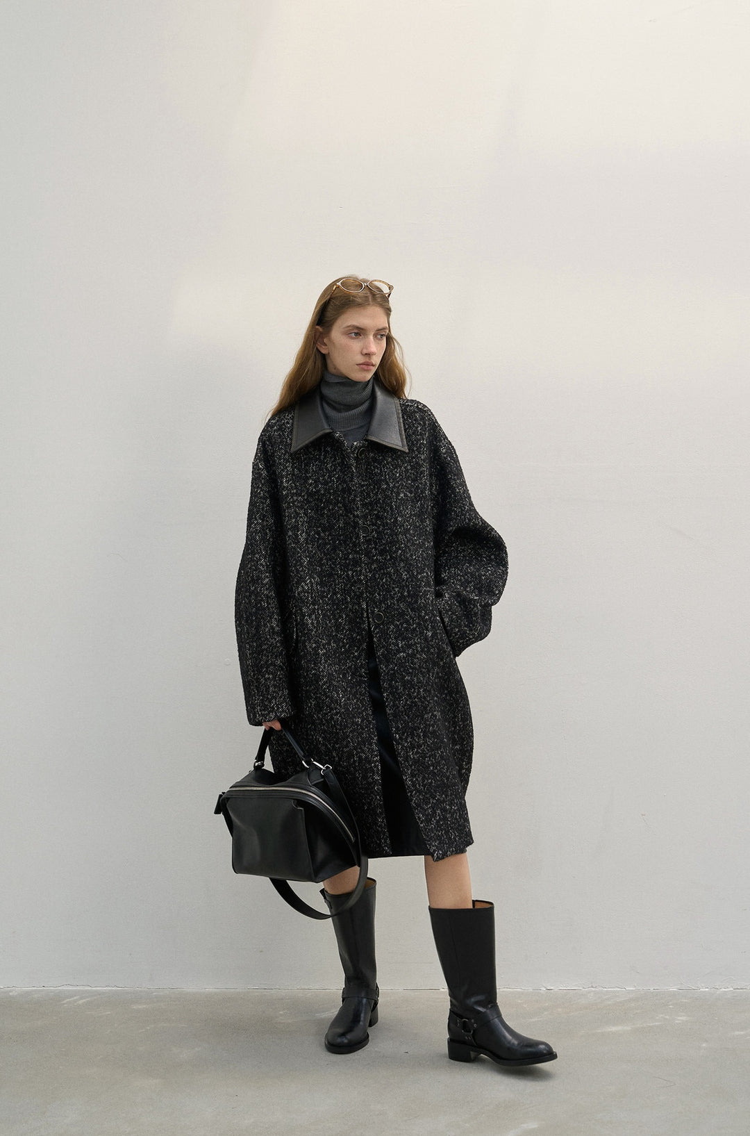Oversized Wool Coat with Contrast Leather Collar