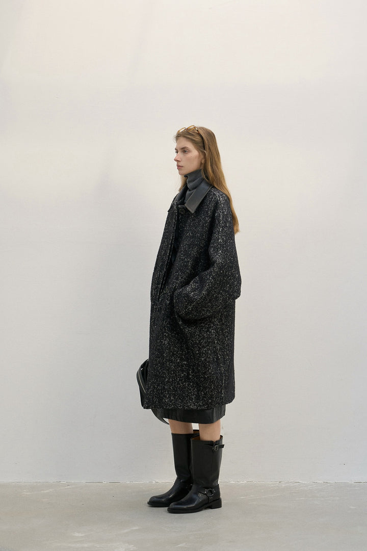 Oversized Wool Coat with Contrast Leather Collar