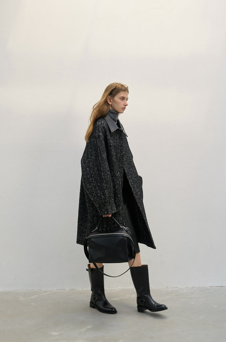 Oversized Wool Coat with Contrast Leather Collar