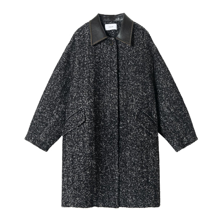 Oversized Wool Coat with Contrast Leather Collar