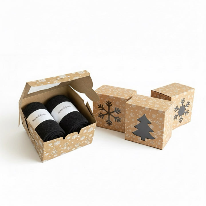 Women’s wool and cashmere socks – 2-pair Christmas box in black with festive theme