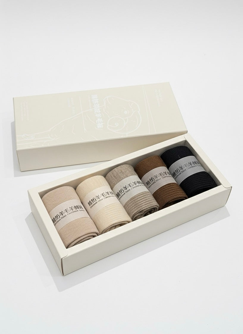 Women’s wool and cashmere socks – deluxe 5-pair gift box set in elegant beige and brown tones