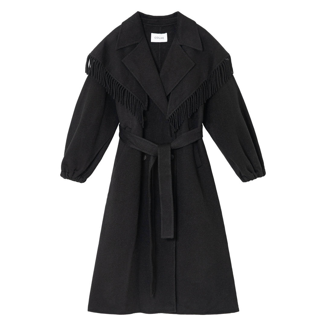 Full-length view of the black coat, showing its long, sleek design.