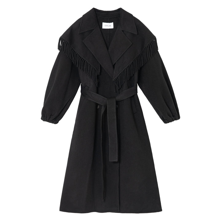 Full-length view of the black coat, showing its long, sleek design.