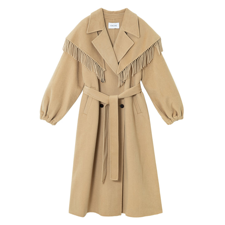 The camel coat photographed against a white background, showcasing its rich color and texture.