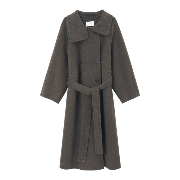 Front detail of chocolate brown wool coat highlighting double-breasted closure and tie belt